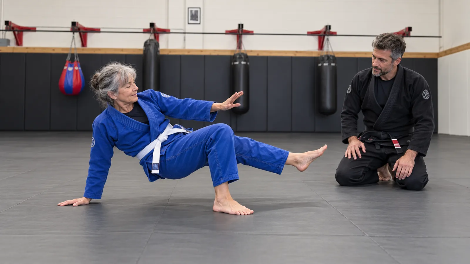 An older woman practises getting back to her feet safely while her coach watches