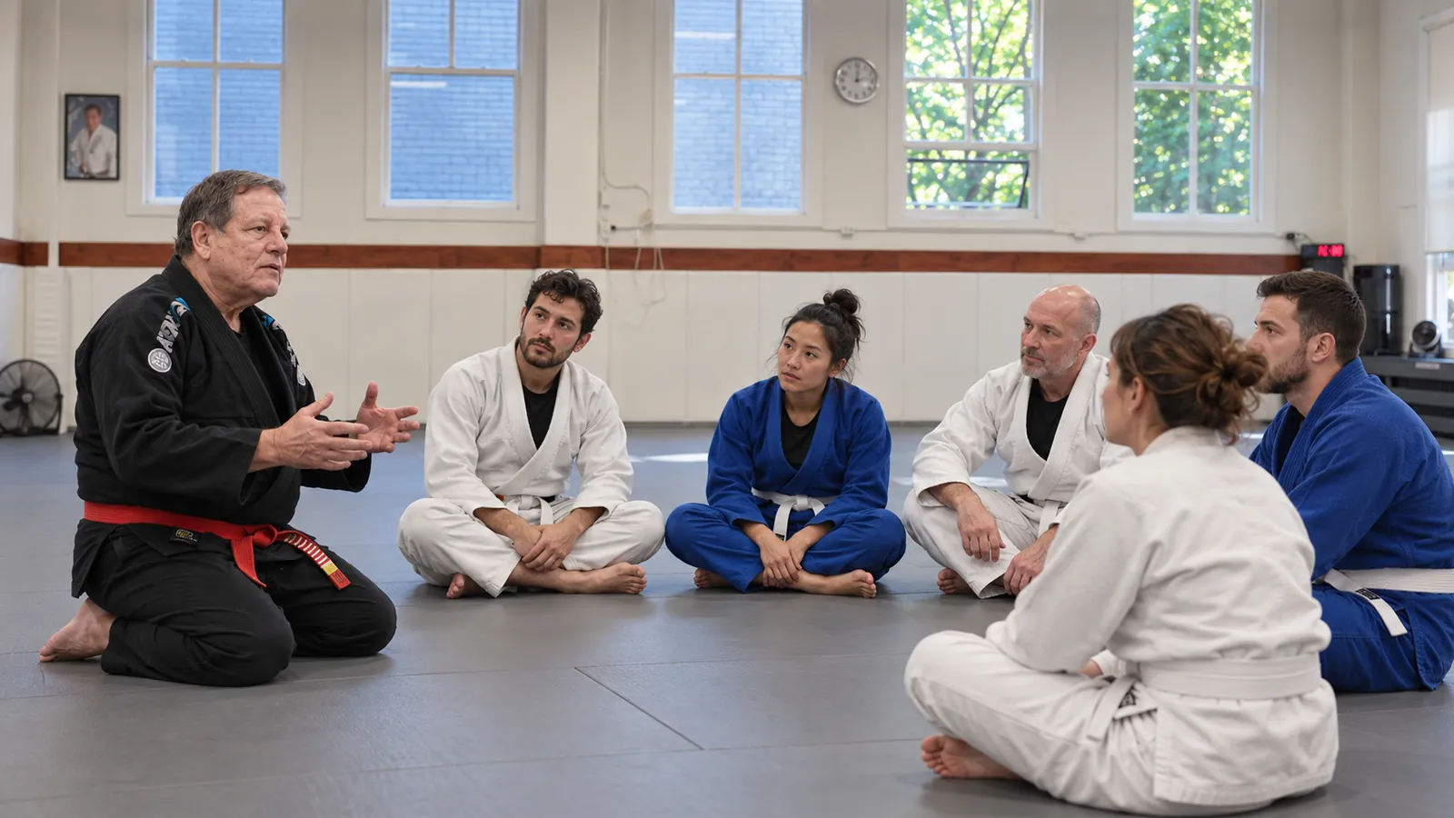 An instructor talks to a group of beginners seated on the mat