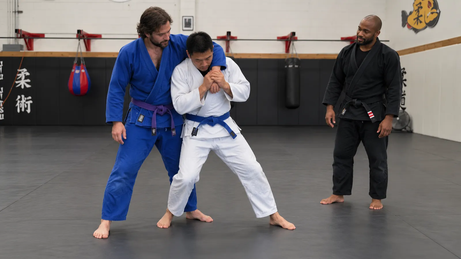 A student practises escaping a standing headlock while a coach looks on