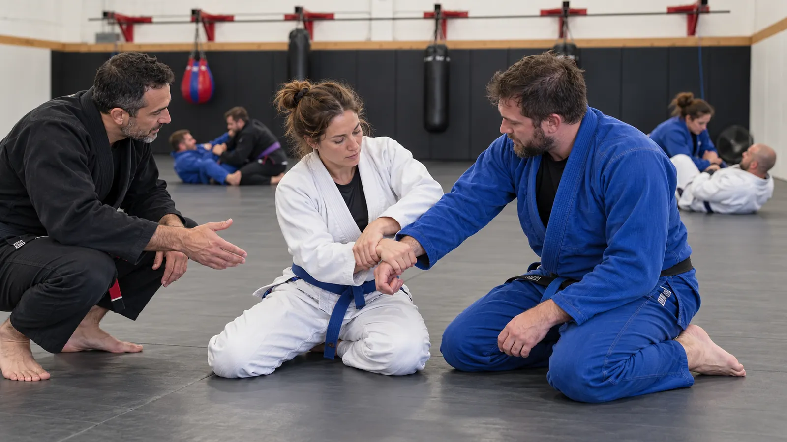 A woman works a wrist control with a larger partner while a coach gives a correction