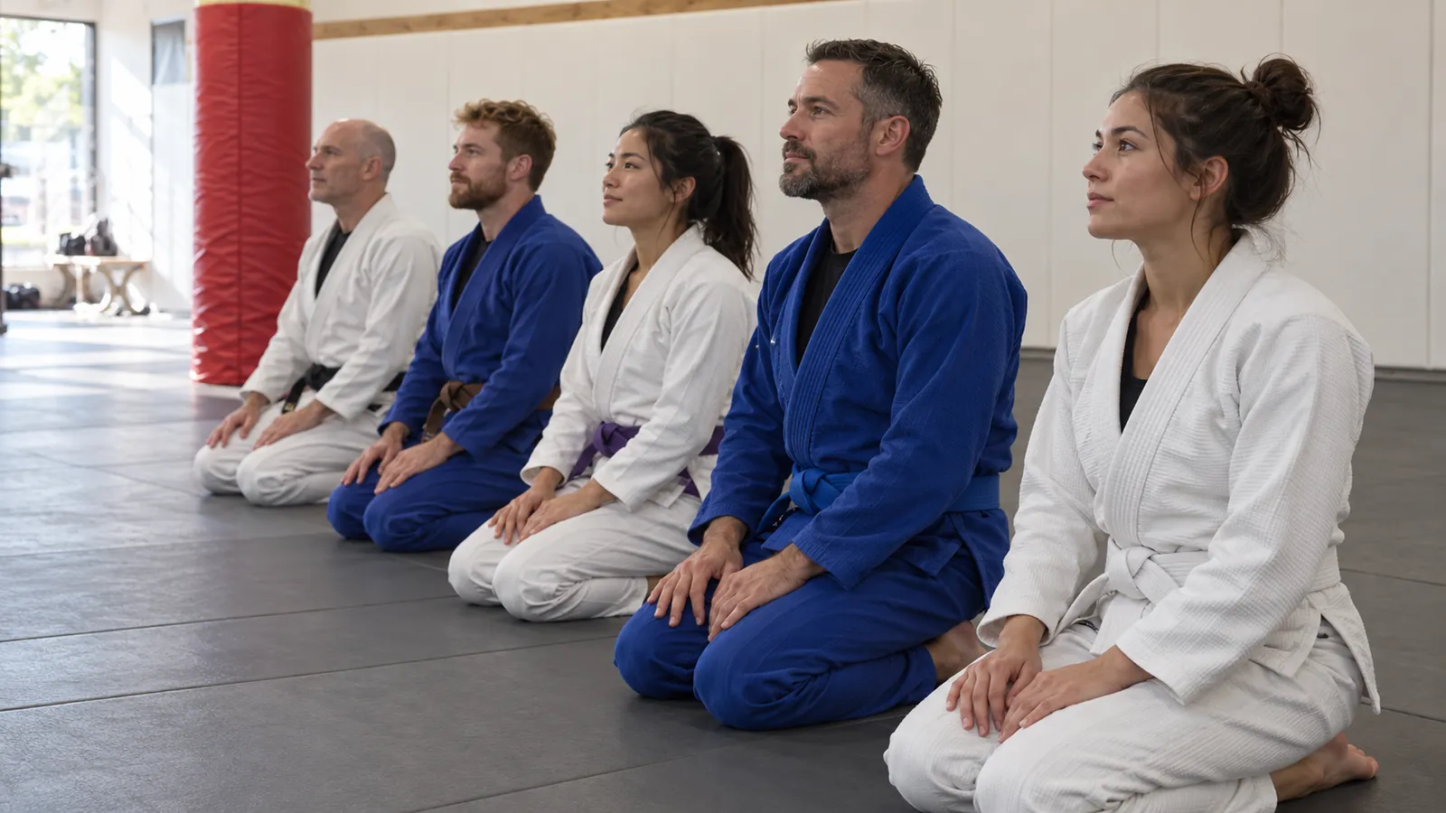 Adult students kneel in a line wearing black, brown, purple, blue and white belts
